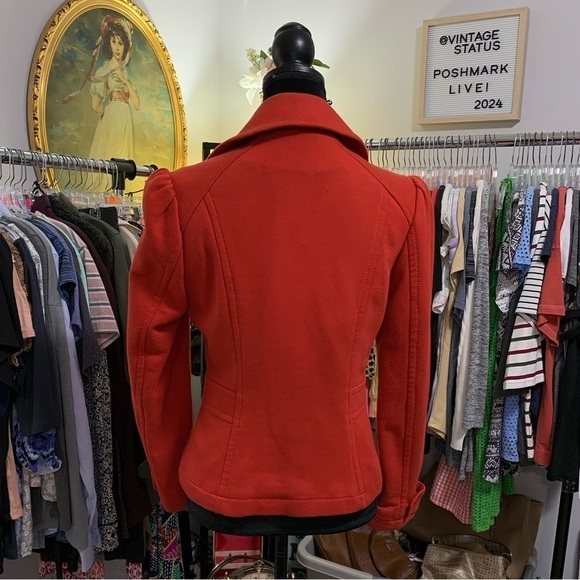 #122 Vintage H&M Cherry Red Fitted Pin Stripe Lined Blazer Suit Jacket Size 10 - Picture 2 of 3